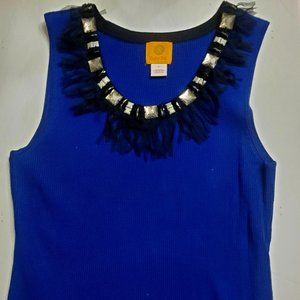 Women's royal blue sleeveless knitted top. Rayon/nylon, size Large.
